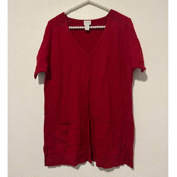 Chicos Size 1 US Medium Red Tunic Sweater Stretch Short Sleeve Silk V-Neck Top - Picture 1 of 16